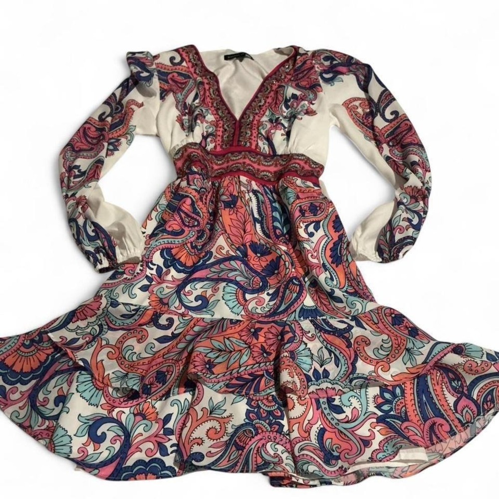 Beautiful‎ Boho Paisley Print Long Sleeve V Neck Ruffle Tiered Midi Dress Women